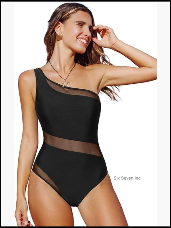 Other - One Shoulder One Piece Swimsuit with Mesh Panel Removable Cups